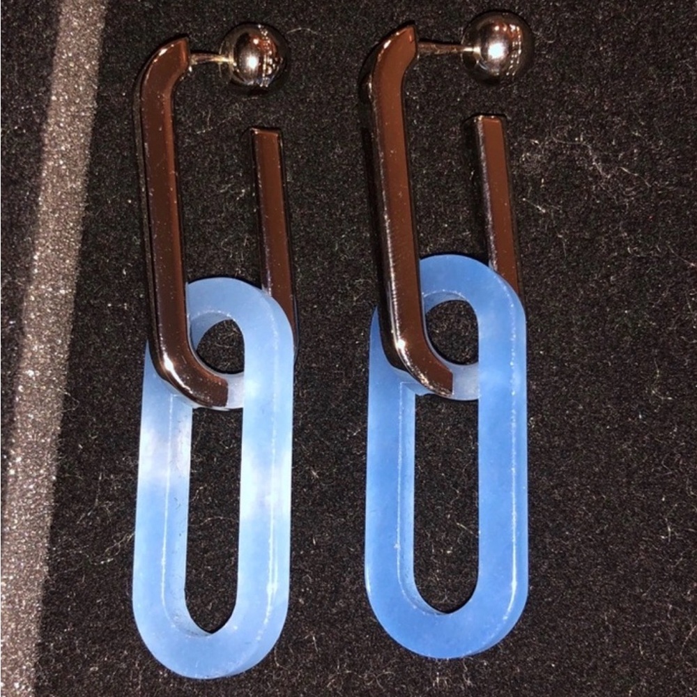 Burberry Blue lucite silver metal rhodium plated convertible geometric earrings - Picture 2 of 6